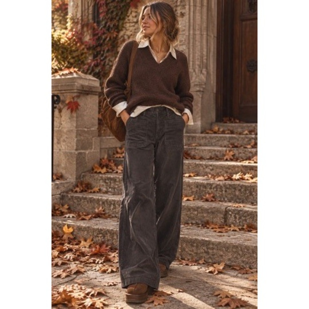 American Eagle Low Rise Baggy Wide Leg Corduroy Pants Gray Womens Size 2